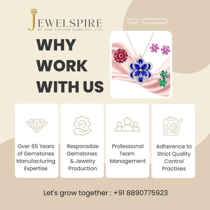 Promotional graphic for Jewelspire with jewelry image and contact information on a beige background
